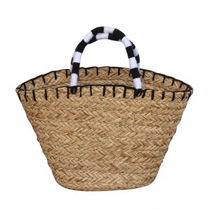Handwoven Women's Tote <b>Bag</b> New Design Seagrass <b>Straw</b> Polyester/PVC/Cotton Lining Pom Pom Zipper Closure Natural Bohemian Style - Product Image 1