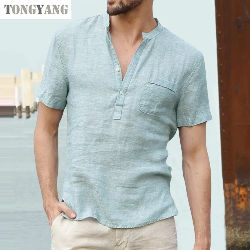TONGYANG High Quality New Men'S Linen V Neck Bandage T Shirts Male Solid Color Long Sleeves Casual Cotton Linen Tshirt Tops