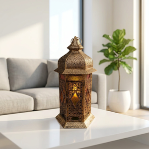 Authentic <b>Moroccan</b> <b>Lantern</b> Featuring Precision Cut Metal and Mosaic Glass for Warm Ambient Tabletop Lighting - Product Image 1