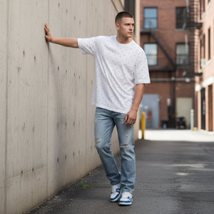 T-shirt girocollo da <span class=keywords><strong>uomo</strong></span> oversize in cotone a pois bianchi e <span class=keywords><strong>neri</strong></span>, lavorato a maglia, anti-piega, casual, a maniche corte, OEM ODM - Product Image 1