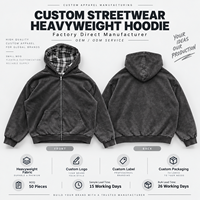 Veste à capuche zippée surdimensionnée en tissu épais, style streetwear, personnalisable, avec doublure à carreaux et effet délavé vintage, fabrication directe usine, marque privée OEM