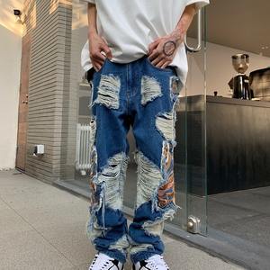 AeeDenim Herren zerrissene Stickerei Jeans Mode Straße lässig Stretch Herren zerrissene Denim Jeans Hosen - Product Image 2