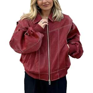 Chaqueta de cuero roja personalizada 2026 para mujer, con cremallera, estilo motociclista, cortavientos, para otoño, de manga larga, tela tejida - Product Image 3