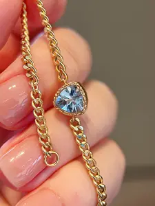 18K Solid Gold Triangle Blue Sapphire Cuban Link Bracelet Women Exquisite Daily Fashion Bracelet