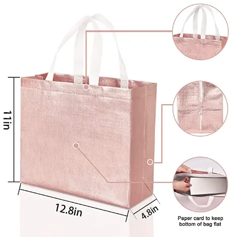 Glossy Reusable Grocery Shopping Stylish Tote Bags with Handle Non woven Gift Goodies Rose Gold Tote Bags for Women