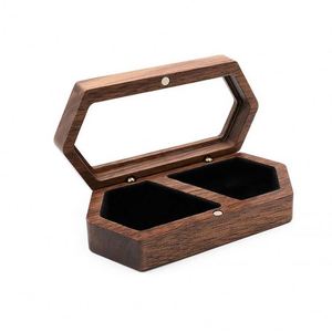 กล่องเก็บแหวนไม้วอลนัทแบบสองช่องพร้อมฝาใสสำหรับขายส่ง - Product Image 6