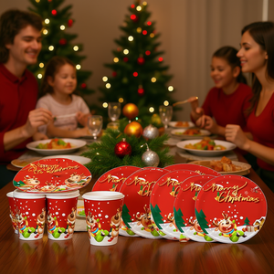 Ensemble de vaisselle jetable multicolore de Noël avec motif de rennes et du Père Noël, assiettes en papier de 7-9 pouces, gobelets de 3,5 pouces pour les dîners de fêtes - Product Image 2