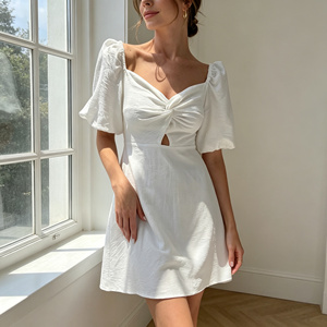 Vestido Mini Blanco con Abertura Frontal, Manga Abullonada, Estilo Dulce, Verano 2026, ODM/OEM, para Mujer, Informal, para <span class=keywords><strong>Fiesta</strong></span> - Product Image 2