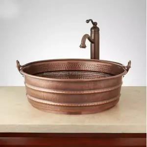 17 Inch Metal Bucket Vessel Kitchen Sink With Antique Copper Finishing Hammered Design Copper Handle Best Quality For Washing