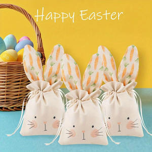 ถุงของขวัญผ้าลินินลายกระต่ายอีสเตอร์ พร้อมเชือกรูด หูกระต่าย ใส่ขนม ใส่เครื่องประดับ น่ารัก สำหรับงานปาร์ตี้ ของชำร่วยสำหรับเด็ก ขายส่ง - Product Image 1