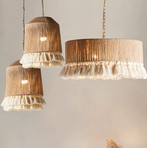 <span class=keywords><strong>Lampadario</strong></span> a Sospensione Ecologico Artigianale in Macramè con Nappine Intrecciate in Corda e Rattan LED - Product Image 1