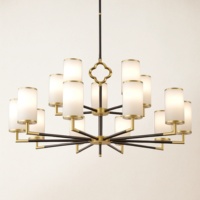 Lustre Nordique Moderne en Albâtre, 20 Lumières, Abat-jour Cylindrique, Deux Niveaux, Laiton Noir Mat, Suspension pour Villa et Hôtel