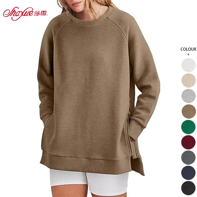Женские толстовки оверсайз с длинным рукавом, пуловер в рубчик, Свободный пуловер с боковой молнией, туника, топы, рубашка