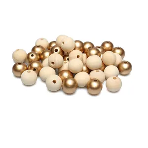 100Pcs 16mm Gold Unfinished Wooden Loose Spacer Beads with 4mm Hole for Jewelry/ Garlands Making Home Decoration