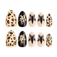 Black Star Press on Nails Leopard Nude Oval Nail Art Animal Print Y2K Street Style Party Kuku Palsu Manikur Trendi 4547