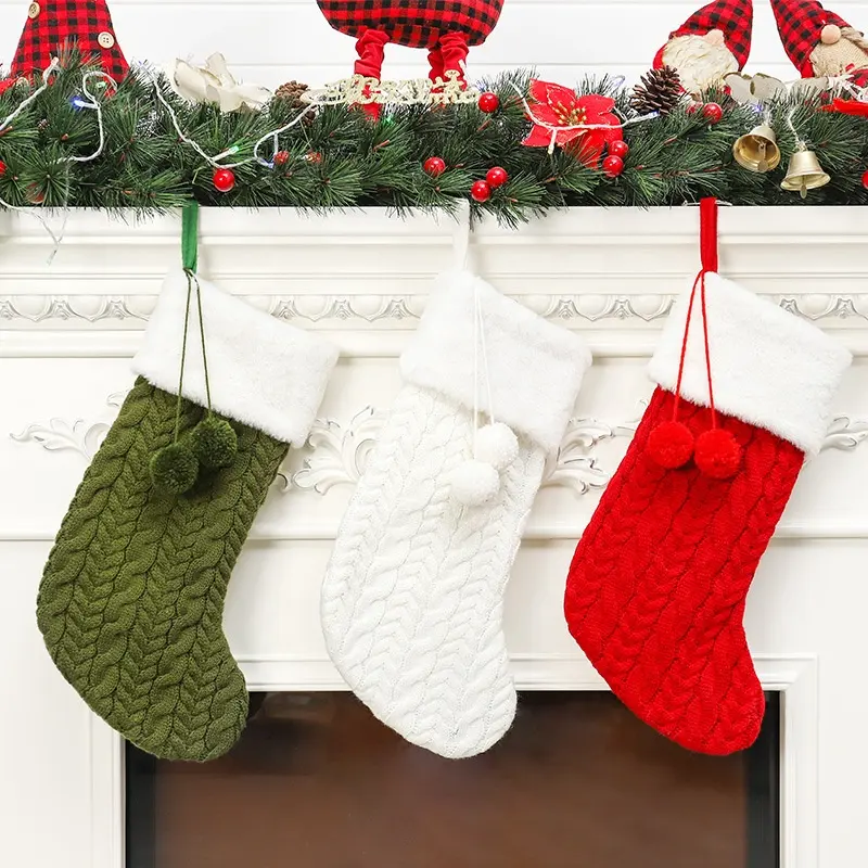 Wholesale Knit Christmas Candy Gift Socks Decoration Custom Socks Santa Candy Bag Christmas Stocking Socks With Pom Pom