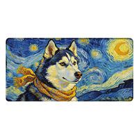 Tapis de Souris Artistique Grand Format en Tissu avec Surface Caoutchoutée, Motif Dessin Animé Husky Sibérien, Série Esthétique, Peinture à l'Huile, pour Bureau