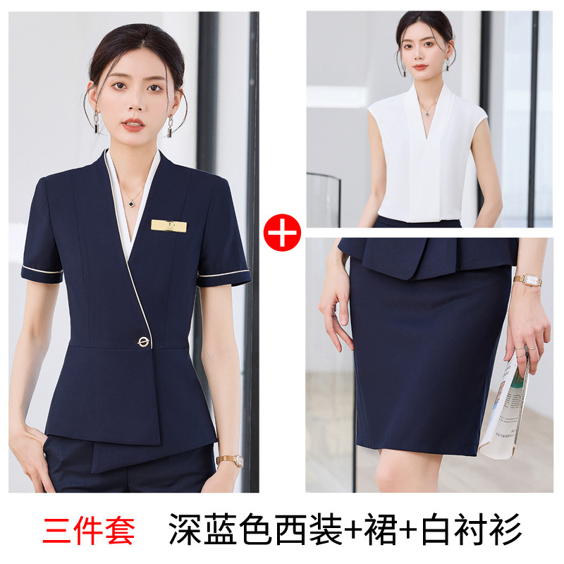 Three-piece suit: dark blue suit skirt and white shirt