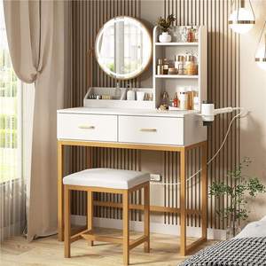 Table de maquillage moderne avec miroir <span class=keywords><strong>LED</strong></span> rond, tiroirs, étagère de rangement et tabouret, bureau de coiffure pour chambre à coucher - Product Image 3