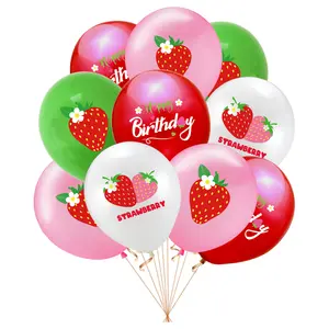 New Strawberry Theme Birthday Party Decoration Strawberry Flag Paper Banner Cake Card Latex Balloon Strawberry Party Supplies