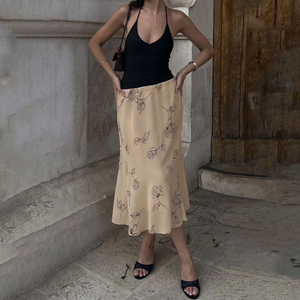 Rose Print <b>Split</b> Mesh Mermaid Midi <b>Skirt</b> Vintage French Romantic Elegant Flattering Classic Fish Tail <b>Skirt</b> - Product Image 5