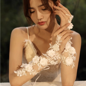 <span class=keywords><strong>Gants</strong></span> de mariée avec perles florales blanches pour studio photo, à lacets, à doigts ouverts, protection solaire pour la photographie de voyage - Product Image 3