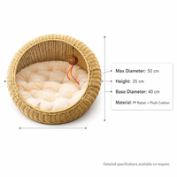 Handgewebtes PP-Rattan Katzenbett Kuppelförmige Höhle mit Eisenrahmen und Plüschkissen, Atmungsaktives Nest für Katzen und Kleine Hunde, 50x35x40 cm
