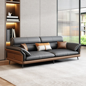 Canapé deux places <span class=keywords><strong>en</strong></span> <span class=keywords><strong>cuir</strong></span> de style Mid-Century, design color block noir et marron, pieds <span class=keywords><strong>en</strong></span> bois robustes, sectionnel, <span class=keywords><strong>pour</strong></span> villa et mobilier de maison - Product Image 2