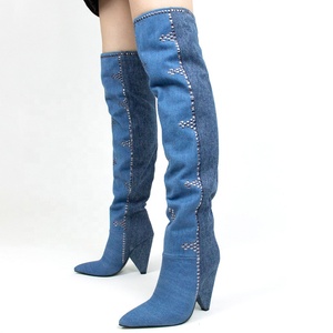 Metal Rivets High-Heeled Pointed Toe Women Blue Shoes Over Knee <b>Boots</b> Denim Patchwork Spike Heels Long Booties - Product Image 1
