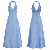Robe longue en jean pour femme, col en V, dos nu, style licou, coupe trapèze, sans manches, ajustée, décontractée, pour l'été