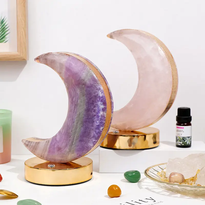 Precio de fábrica, artesanías de piedras preciosas, lámpara de mesa de cristal de luna de cuarzo rosa natural para regalo