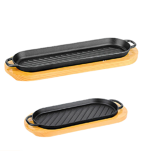 Cast Iron Griddle Grill Pan Sizzling Steak Meat Fajita <strong>Plate</strong> with <strong>Wooden</strong> Tray Steak Frying Cooking Gripper Platter - Product Image 6