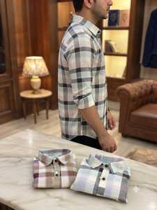 Chemises en twill de coton pour hommes avec motif à carreaux beige, gris et bordeaux, manches longues, boutonnées, style décontracté chic - Product Image 5