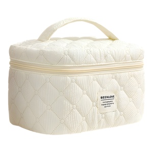 Bolsa de maquillaje Beenlove de gran capacidad, estuche acolchado para cosméticos, para viaje, con cremallera y asa, beige y morado - Product Image 2