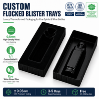Plateau alvéolé noir floqué sur mesure pour l'emballage de bouteilles de whisky, insert en velours thermoformé pour coffret cadeau de spiritueux