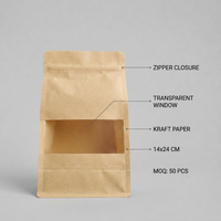 Sac en papier kraft écologique à fond plat avec fermeture à 8 côtés, fenêtre transparente et fermeture éclair, logo personnalisé, en stock, faible MOQ 50, pour noix et fruits secs