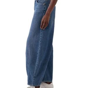 Pantalones vaqueros de mezclilla para mujer, de tiro medio, pierna ancha, estilo cargo, transpirables, con estampado liso, holgados, acampanados, estilo casual, con logo en la cintura - Product Image 4