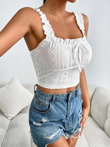 Débardeur Femme OEM en Coton Blanc Uni Tricoté Respirant avec Broderie à Oeillets, Volants et Nœud Papillon – Vente en Gros de Haute Qualité - Product Image 2
