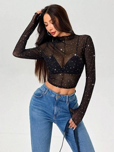 Europe et Amérique 2026 Printemps/Automne Nouveau T-<span class=keywords><strong>shirt</strong></span> Haut <span class=keywords><strong>Femme</strong></span> à Col Montant Fin, Manches Longues, en Maille Transparente et Paillettes - Product Image 1