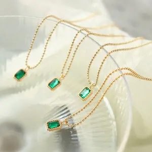 AIZL Chinese style emerald zircon micro-inlaid single diamond necklace titanium steel plated 18k gold handcrafted jewelry