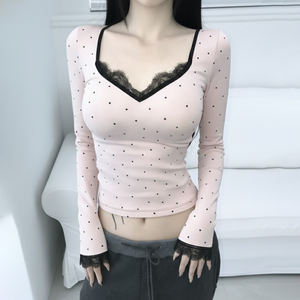 Top de Encaje con Cuello en V y Estampado de Lunares para Mujer, Estilo Dulce y Moderno, Top de Mujer con Parches de Encaje, Estilo Casual Elegante - Product Image 2