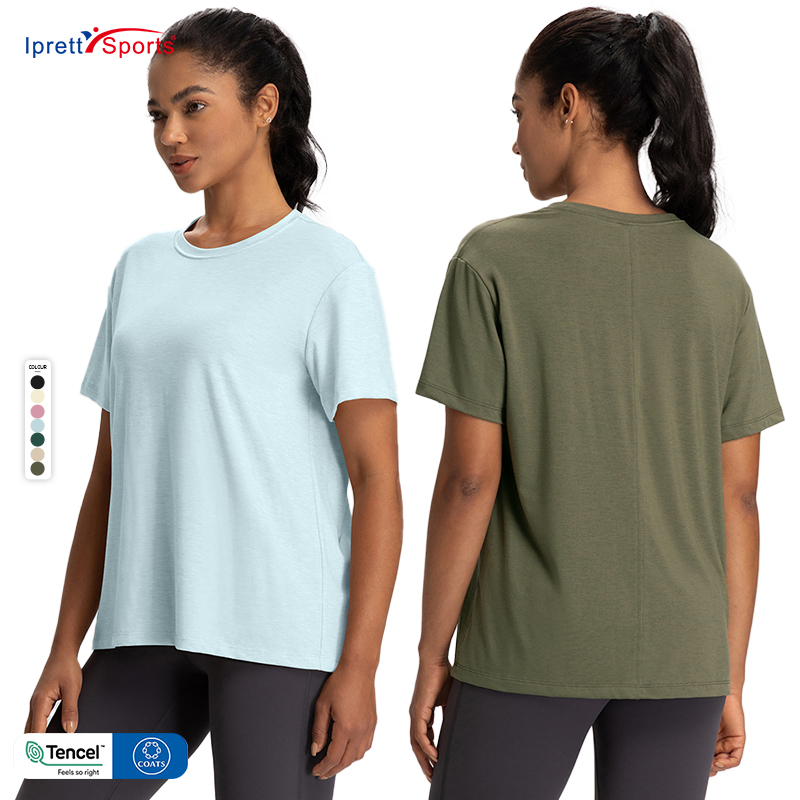 Women's Lyocell Short Sleeve Round Neck Loosen Wool Crop Top Casual Training Soft Workout Sportswear T-shirt for Yoga Fitness