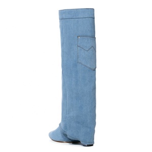 Custom Styles Women Blue Denim Overlay Knee High <b>Boots</b> Ladies High Wedge Heels Shoes Folded Pointed Toe Long Booties - Product Image 3