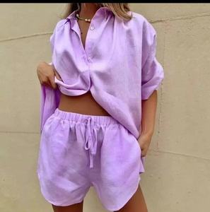 Vêtements pour femmes OEM, vente en gros, couleur unie, ensembles de pantalons en lin 2 pièces - Product Image 2