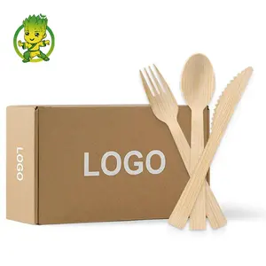 Wegwerp Bestek Fabrikant Custom Logo Biologisch Afbreekbaar Houten Bestek Lepel Vorkmessenset 160 Mm Groothandel Gratis Monster