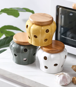 White Ceramic <strong>Garlic</strong> Keeper Kitchen Storage Container <strong>Garlic</strong> <strong>Jar</strong> with Bamboo Wood Lid - Product Image 5