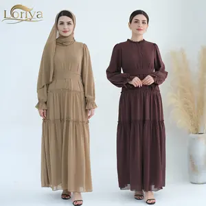 Loriya 2024纯色分层雪纺优雅连衣裙，正面纽扣和衬里高品质穆斯林阿巴亚女装