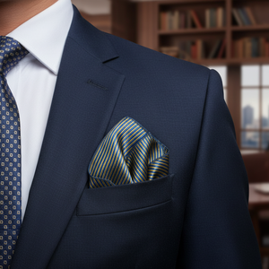 Yellow and Blue Striped Jacquard Woven Pocket Square Clothing Accessories for Men One Size Made in Turkey - Product Image 3