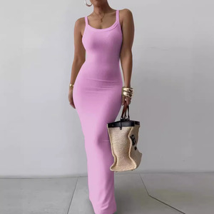 <span class=keywords><strong>Robe</strong></span> Longue <span class=keywords><strong>Moulante</strong></span> Élégante d'Été à Motif Uni pour Femmes, Idéale Bureau, Soirées, Col Halter, Fente Haute, Côtelée Naturelle - Product Image 5