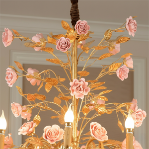 Lustre unique en laiton rose romantique avec fleurs en céramique rose, décoration lumineuse pour villa, salle à manger, éclairage décoratif - Product Image 3